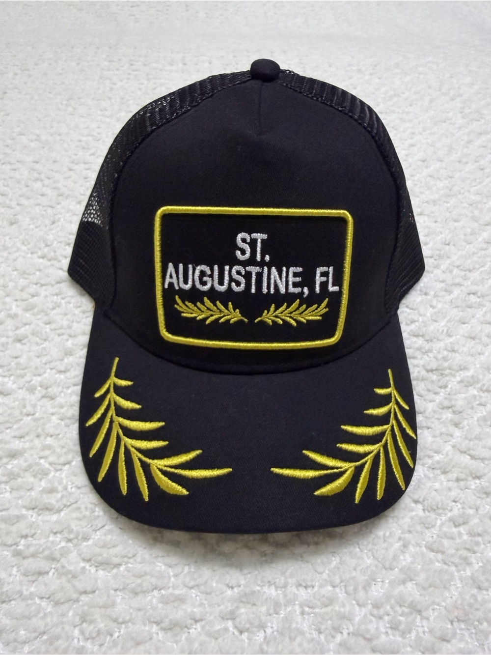 St. Augustine, FL Black Trucker Adjustable Hat Embroidered Laurel Leaves On Bill